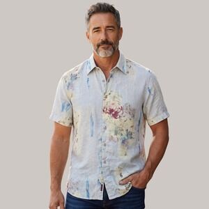 Indigo Palms Tommy Bahama Mens Large Linen Floral Watercolor Button Down Shirt